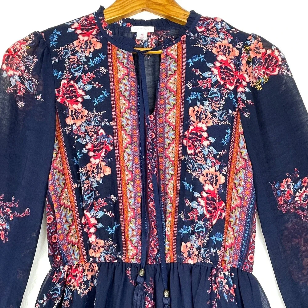 Xhilaration Floral Maxi Dress Womens XS Blue Boho CottageCore Long Sleeves - Picture 3 of 15
